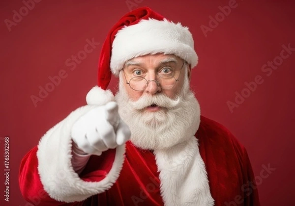 Fototapeta Santa claus points finger with surprised expression on red background