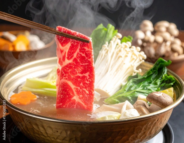 Obraz Shabu-Shabu Hot Pot with Sliced Wagyu Beef and Vegetables    