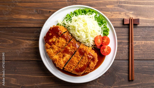 Obraz Japanese Pork Cutlet Tonkatsu with Salad and Sauce