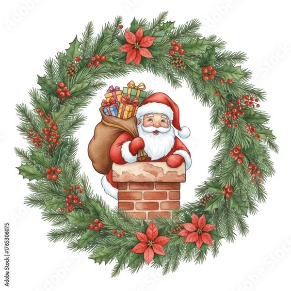 Fototapeta Festive santa claus peeking over chimney surrounded by evergreen christmas wreath isolated on transparent background