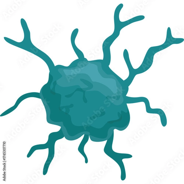 Obraz Teal colored abstract organic cell shape with multiple branching pseudopods on a transparent background