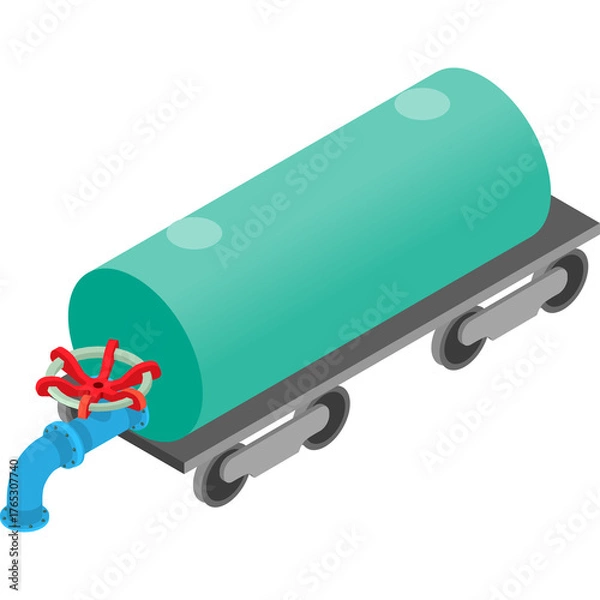 Obraz Teal colored cylindrical tank on a grey wheeled platform with a blue pipe and red valve on the left side in isometric perspective against a transparent background