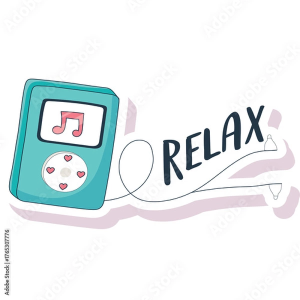 Obraz Teal Digital Music Player With Musical Note Icon On Screen And The Word Relax In Stylized Font On A White Background