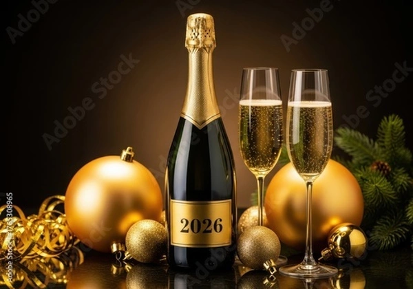 Fototapeta Champagne bottle and glasses with golden ornaments for new year celebration