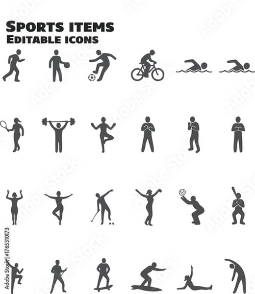 Fototapeta Sports items icons showing different activities and poses in black color