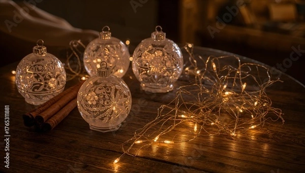 Fototapeta A table with four glass ornaments and a cinnamon stick