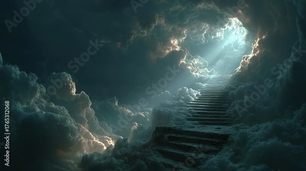 Fototapeta Stairs to Heaven. Ethereal Scene of a Majestic Staircase Leading to the Sky, Symbolizing Ascent and Inspiration.