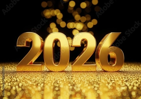 Fototapeta Golden 2026 numbers with bokeh lights and glitter background