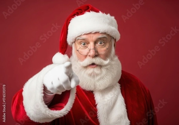 Fototapeta Santa claus points finger with surprised expression on red background