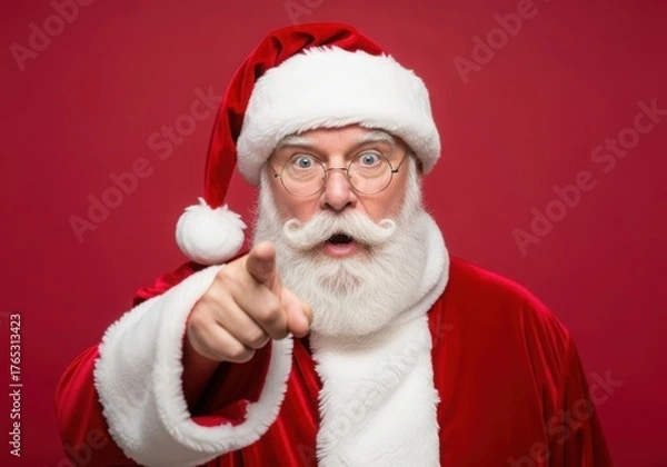 Fototapeta Santa claus points finger with a serious expression against red background