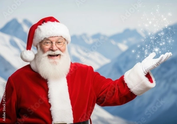Fototapeta Santa claus spreading magic snowflakes in a winter wonderland