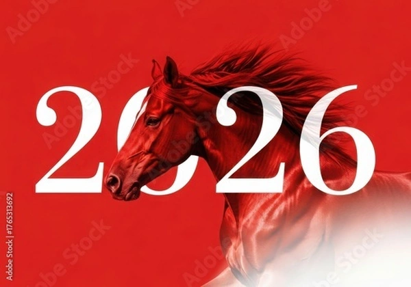 Fototapeta Majestic horse and the year 2026 on a vibrant red background