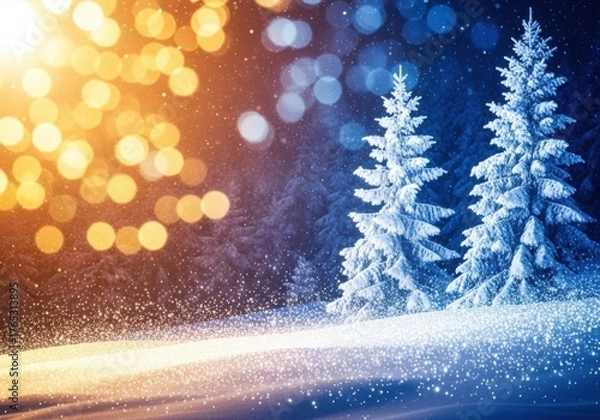 Fototapeta Magical winter scene with snow covered trees and golden bokeh lights