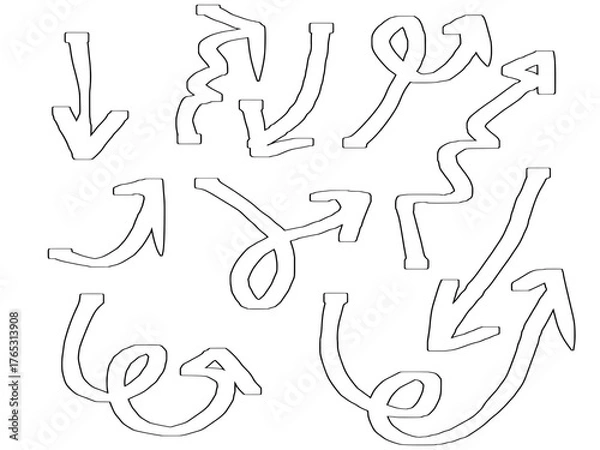 Obraz Arrangement of nine white outlined arrows pointing right in a grid pattern on a white background plain