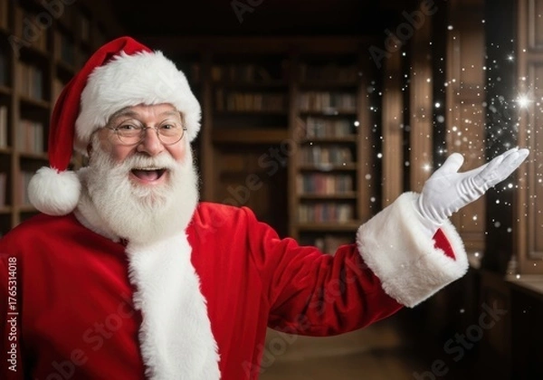 Fototapeta Jolly santa claus in a library with sparkling lights