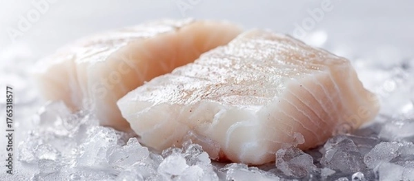 Obraz Two raw, white fish filets sit on crushed ice, ready to be prepared