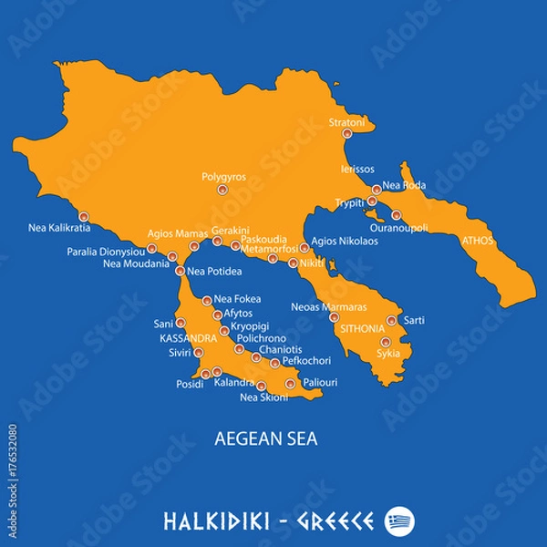 Fototapeta peninsula of halkidiki in Greece orange map and blue background