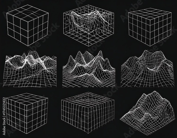 Fototapeta Nine geometric mesh visualizations showcasing cubes & terrain forms