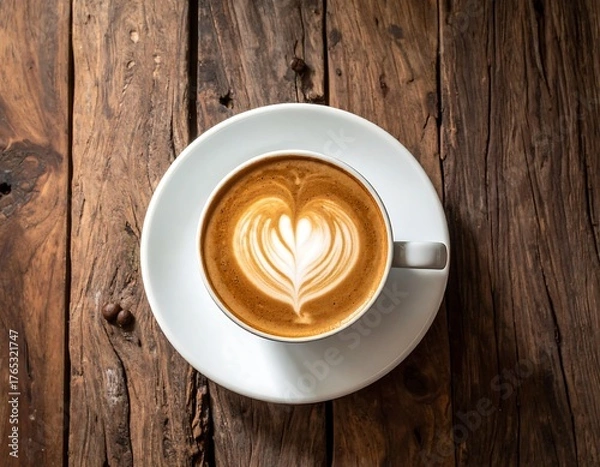 Fototapeta Overhead shot of a coffee cup with latte art on a rustic wooden table