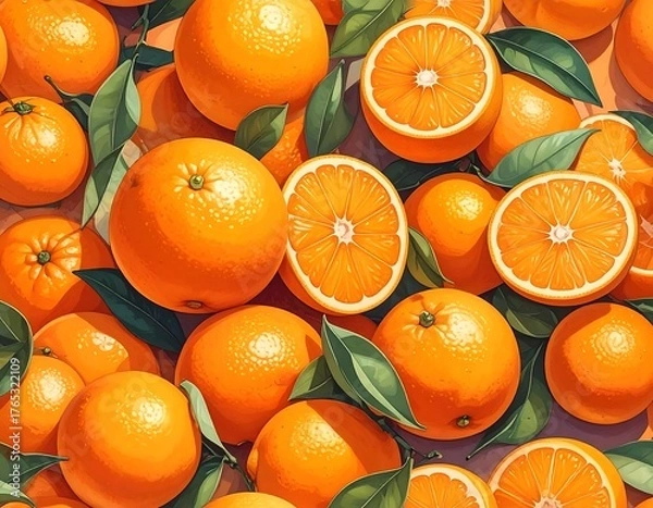 Fototapeta Overhead shot of ripe oranges with leaves, some cut open
