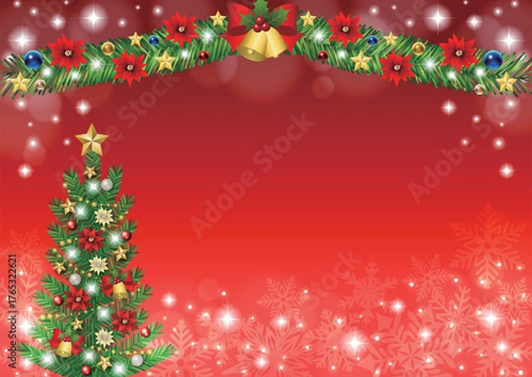 Fototapeta クリスマス背景、ツリーとモール、赤、かわいい、イラスト、横