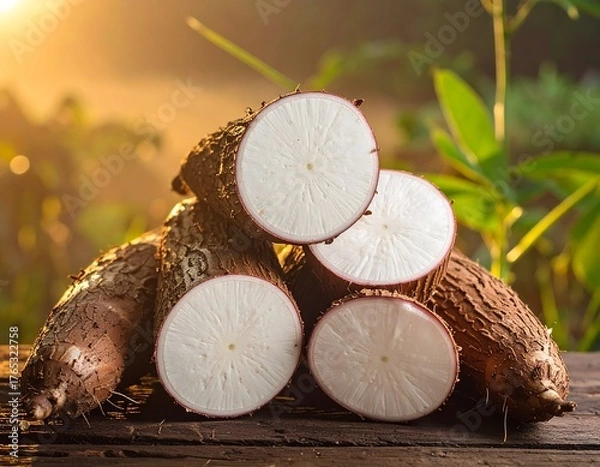Fototapeta Pile of cassava, some halved, resting on wood, sunlight in background