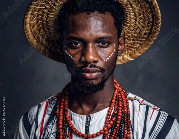 Fototapeta Portrait of a man wearing a straw hat and traditional attire