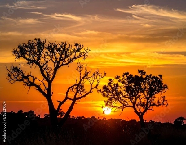Fototapeta Silhouetted trees against a brilliant orange and yellow sunset sky