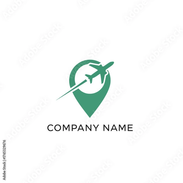 Fototapeta A green logo featuring an airplane soaring through a location pin, representing travel and destinations.