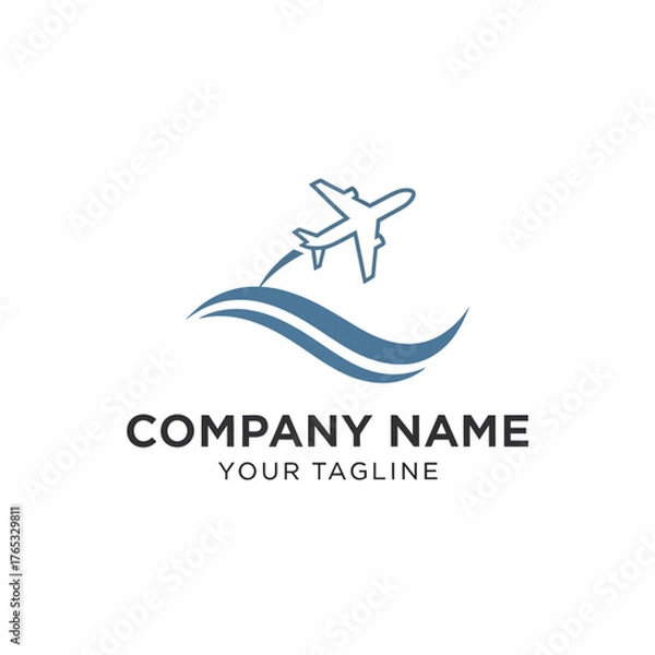 Fototapeta A logo featuring an airplane taking off over stylized blue waves, representing travel.