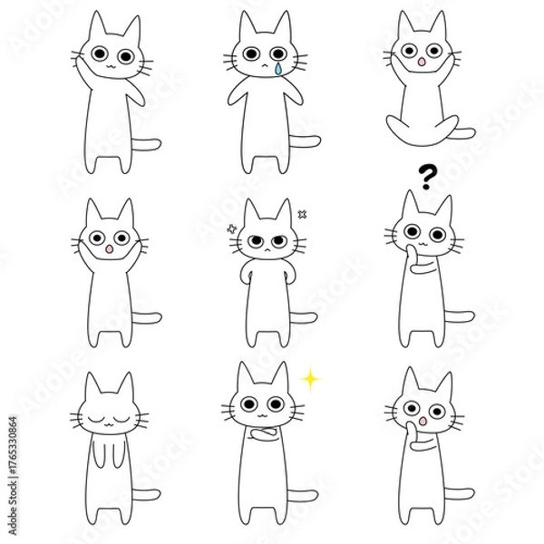 Fototapeta 白猫キャラクターの感情表現セット｜コミュニケーションやSNSスタンプに使えるかわいい猫のベクターイラスト,表情集