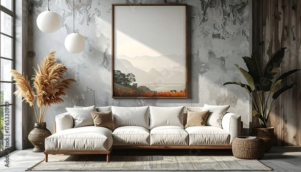 Fototapeta Stylish living room with a couch, art, and plants in soft lighting