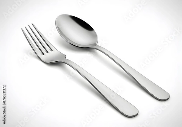 Fototapeta Stainless Steel Fork and Spoon Set on White Background