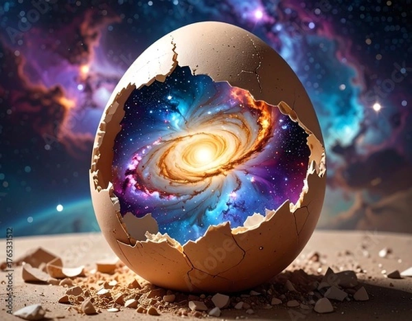 Fototapeta Surreal depiction of a cracked egg revealing a cosmic galaxy