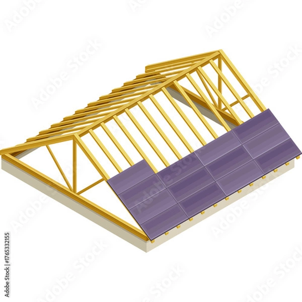 Fototapeta Isometric view of wooden roof frame under construction with purple solar panels installed on one side against a transparent background