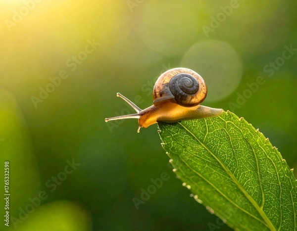 Fototapeta Tiny snail perched on a vibrant green leaf, backlit by golden sunlight
