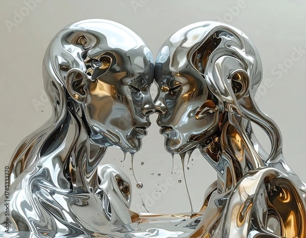 Fototapeta Two silver heads merged, flowing, faces touching, modern abstract sculpture
