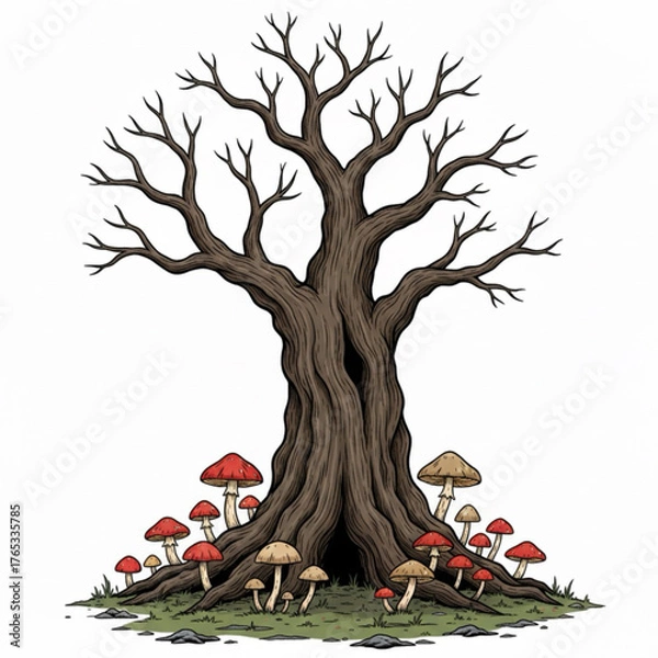 Obraz An old tree without leaves and only a trunk and some mushrooms around the old tree