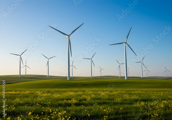 Fototapeta Wind Turbines on Green Hills with Blue Sky