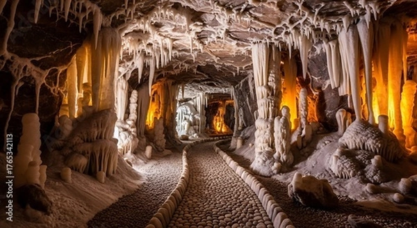 Obraz Enchanting Cave Interior - Stalactites and Stalagmites Illuminated.