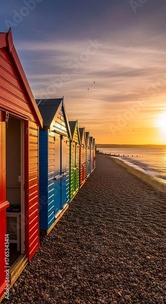 Obraz Colorful Beach Huts at Sunset - A Serene Coastal Scene.