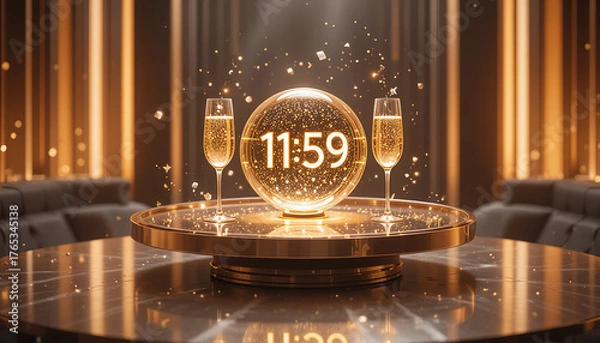 Fototapeta A luxurious golden scene shows two sparkling champagne flutes next to a glowing sphere displaying the final minute of the last day of the year countdown.