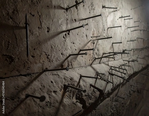 Fototapeta Rustic stone wall with numerous long nails protruding at various angles