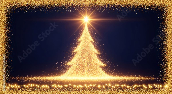 Fototapeta Abstract Christmas Tree of Golden Glitter Particles Topped with a Bright Star, Surrounded by a Sparkling Frame and String Lights on a Dark Blue Background Creating a Luxurious Festive Border