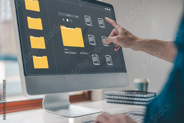Fototapeta User managing virtual file folders on touchscreen desktop with futuristic interface. Concept of digital file system, smart workspace, cloud storage modern technology interaction.