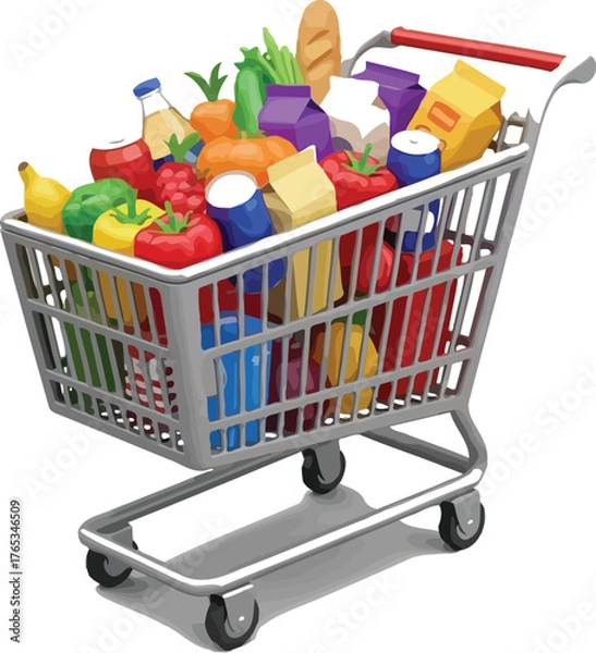 Obraz Grocery shopping cart filled with fresh food items on a white background