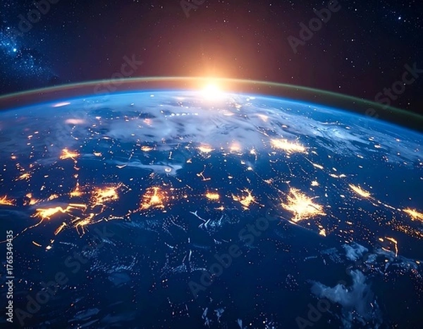 Obraz Stunning view of Earth from space, with sunrise and city lights