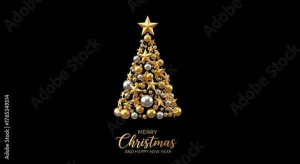 Fototapeta Merry Christmas and Happy New Year Greeting with a Minimalist Abstract Tree Shape Formed Entirely by Luxurious Golden and Silver Ornaments and Stars Against a Pure Black Background