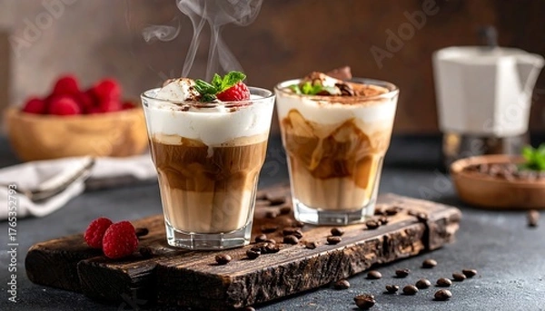 Obraz Two layered coffee beverages with whipped cream and raspberries