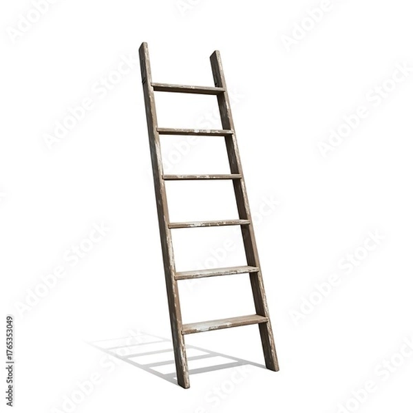 Obraz Rustic Wooden Ladder Leaning Against White Background.